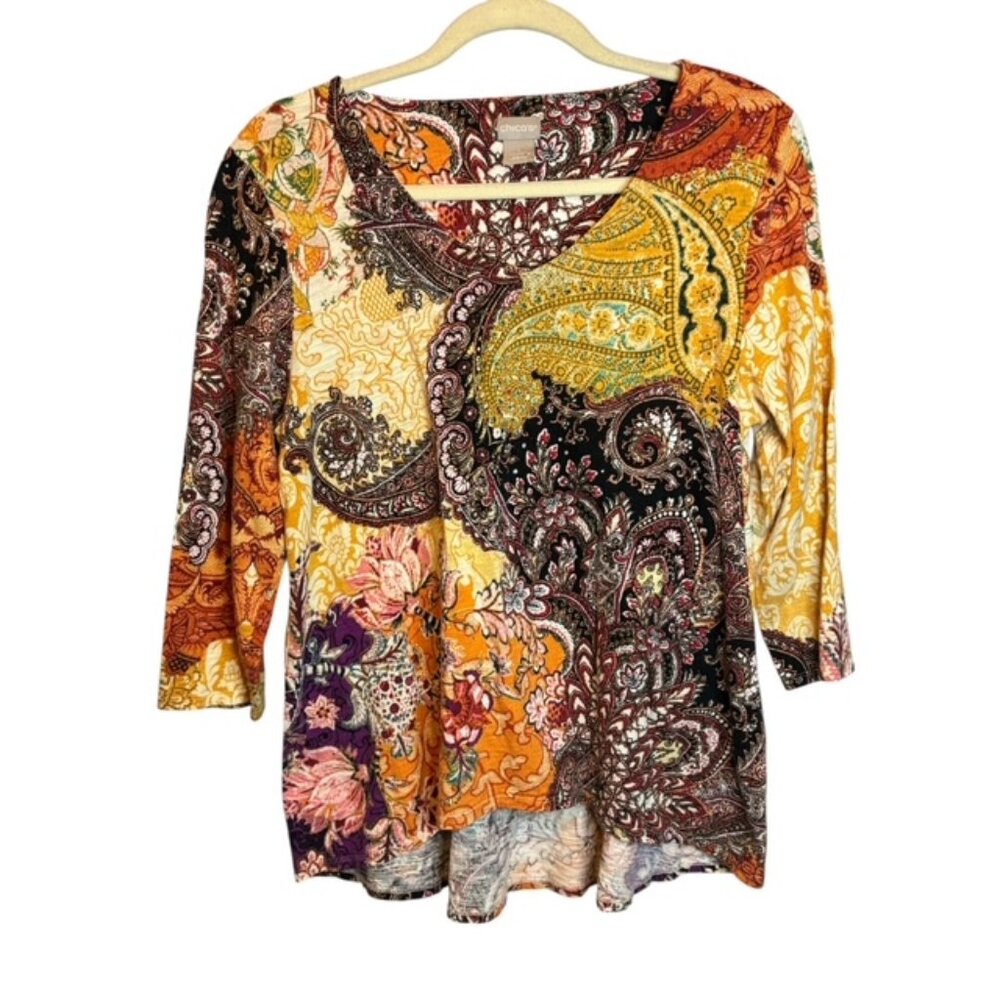 Chico's Blouse Women's Medium Paisley Abstract Office 3/4 Sleeves Chicos 1